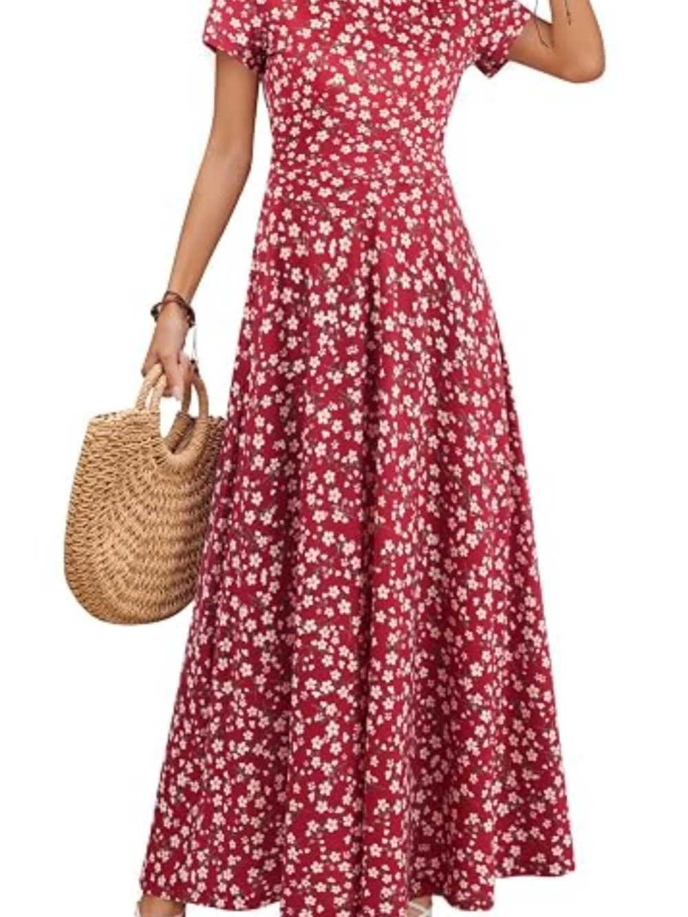 Red Floral Short-Sleeve Maxi Dress